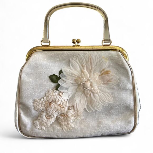 American Vintage Handbags - Vintage 50s white floral purse with gold hardware and plastic cover